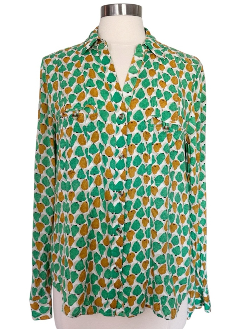 Anthropologie Conversations Pear Print Button Up Shirt Size 10 - Picture 2 of 12
